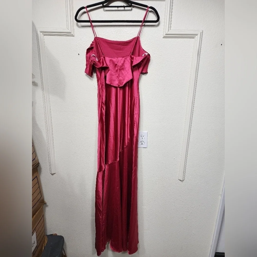 Lulus Enchanting Aesthetic Magenta Satin Asymmetrical Maxi Dress S Wedding Prom